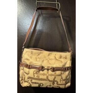 Aigner Shoulder Bag Womens Brown Tan Jacquard Fabric Leather Horsebit Vintage